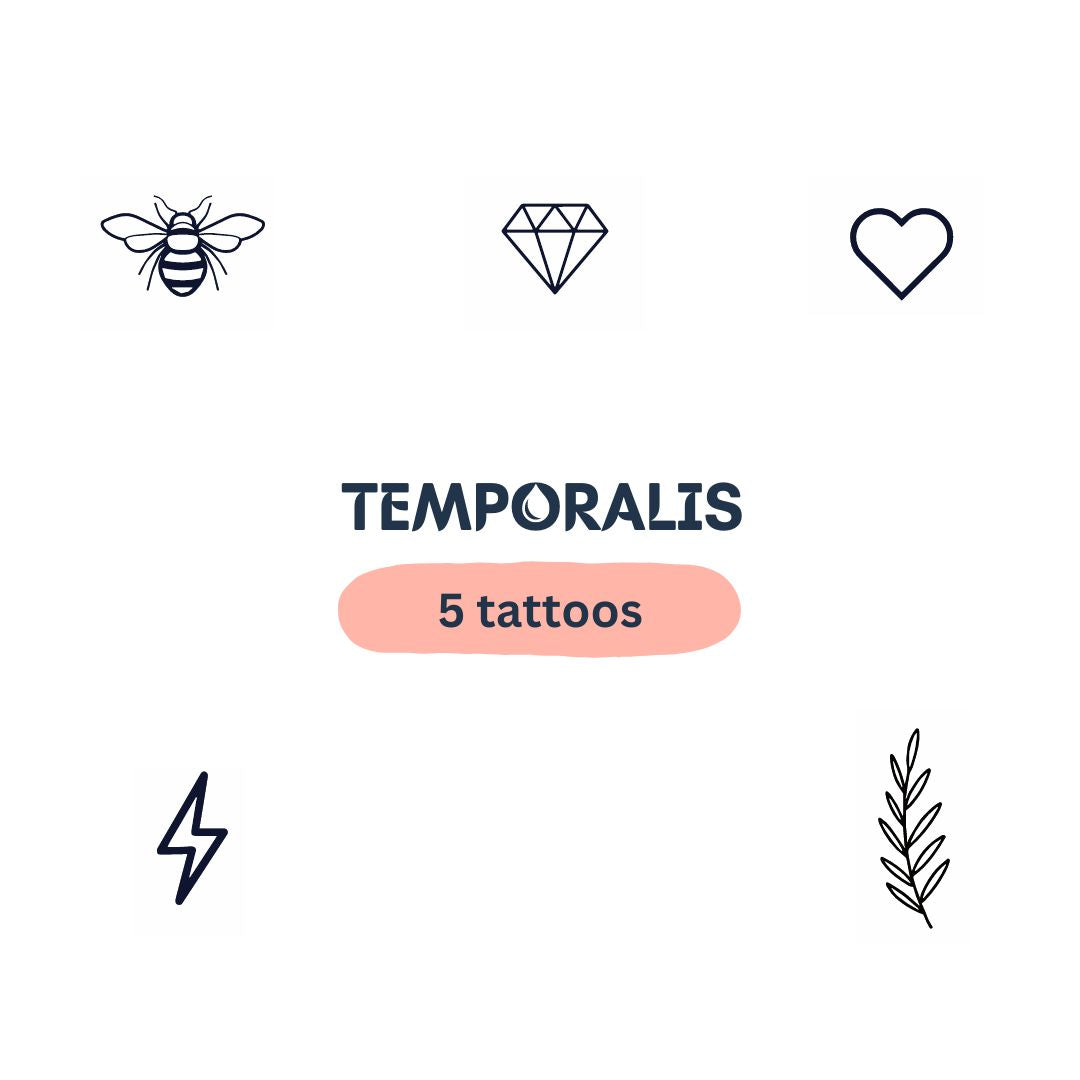 Set mit 5 temporären Fingertattoos: Blatt, Biene, Blitz, Diamant, Herz