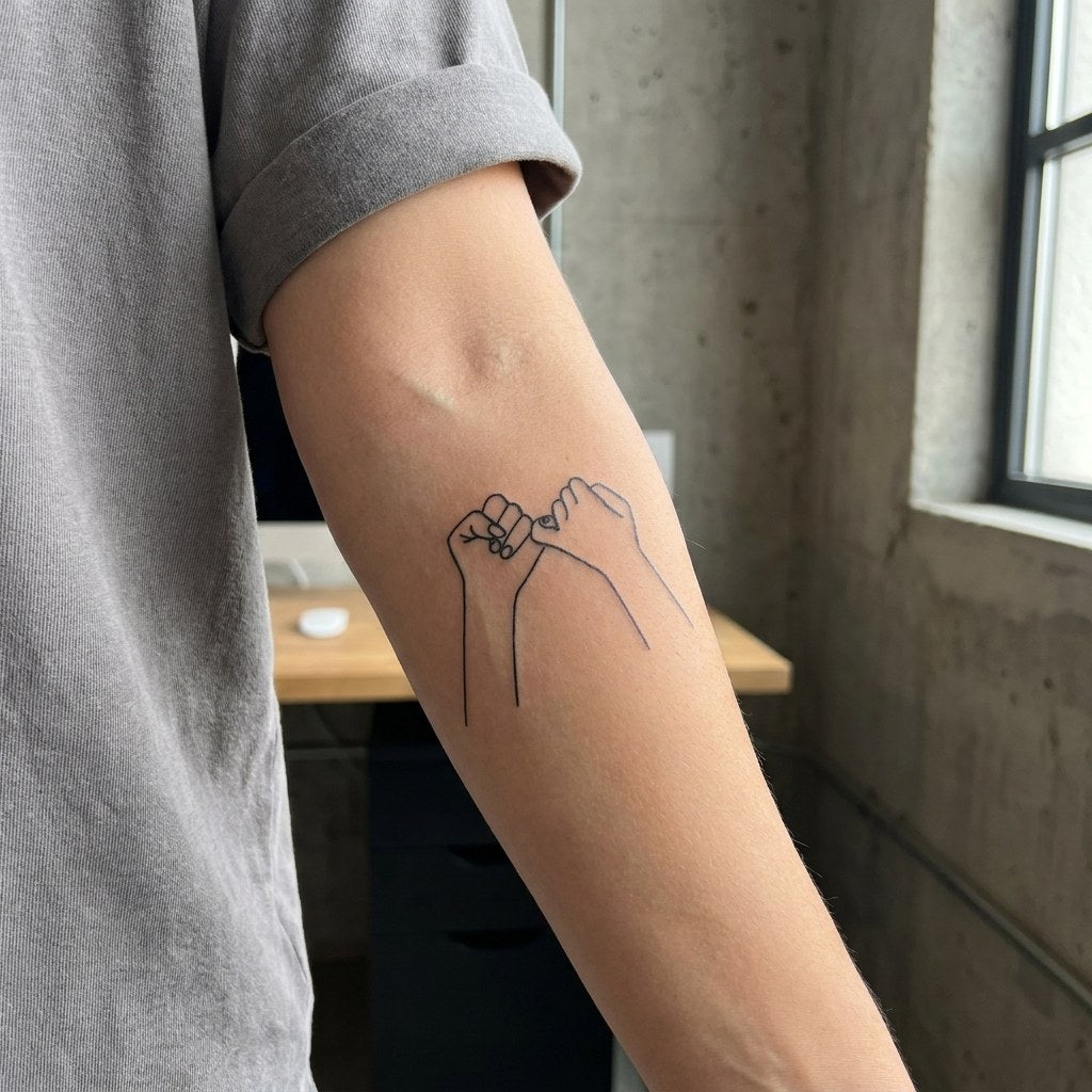 Linework pinky promise temporary tattoo showing two hands with little fingers linked, fine line style on white background.
