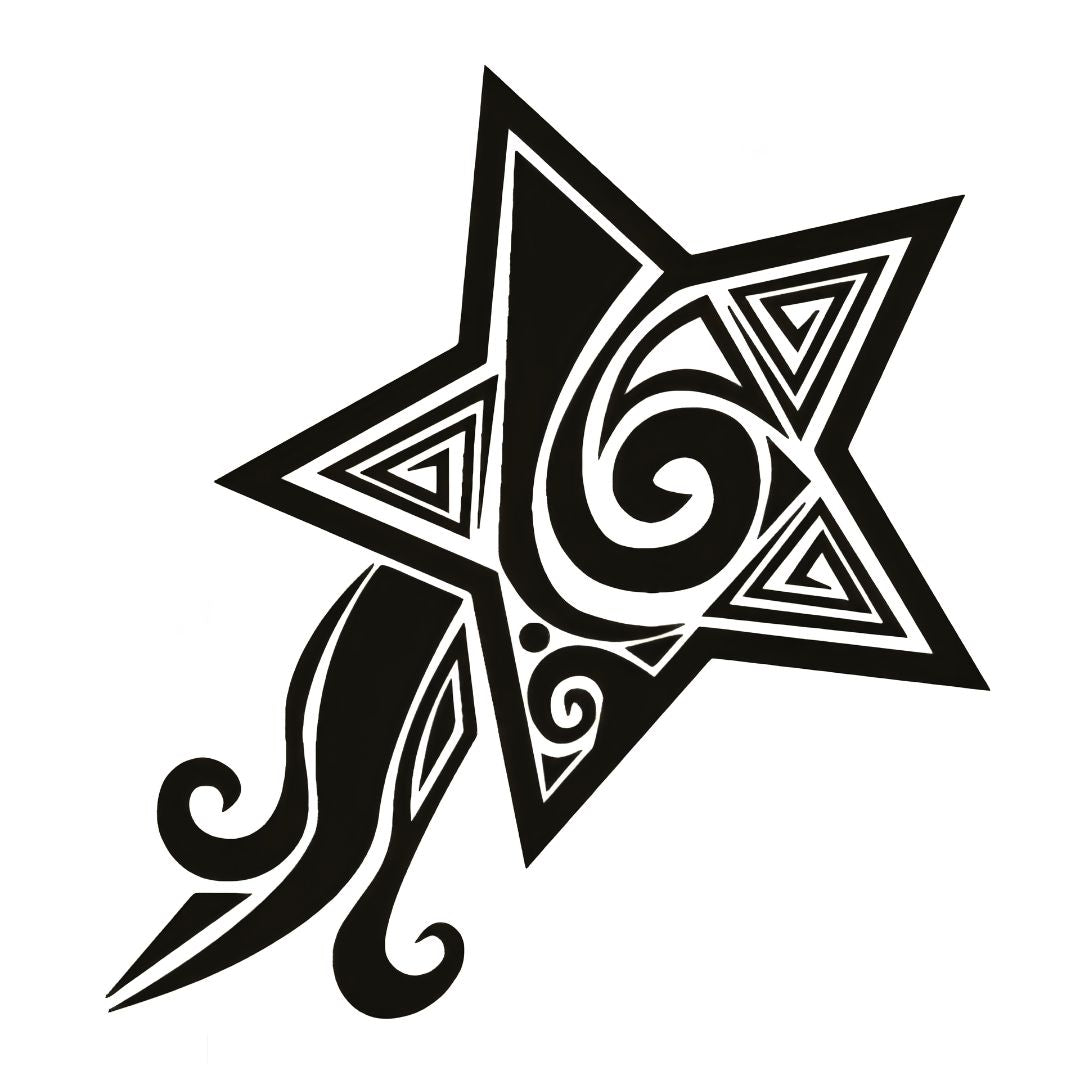 Tribal shooting star temporary tattoo with nested triangles, spiral fill and curling wave tail, bold blackwork on white background.