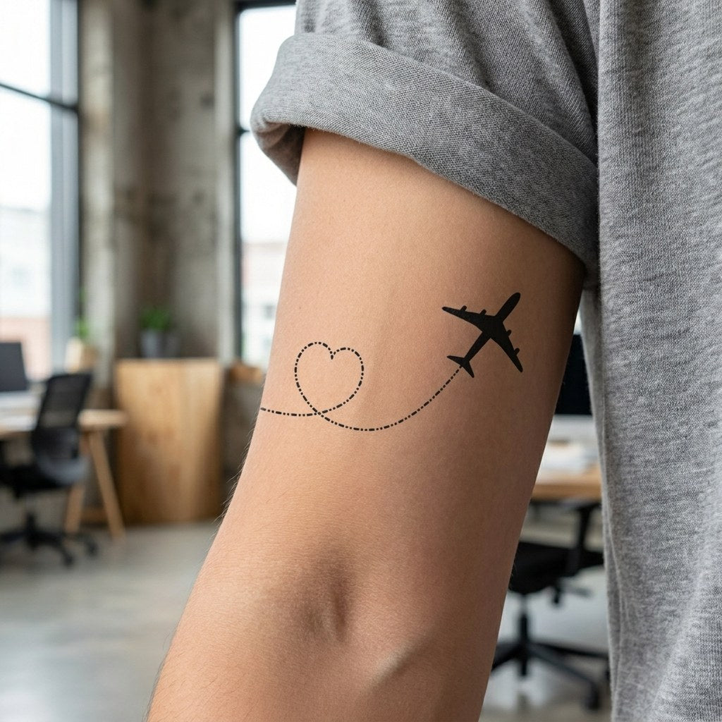 Airplane silhouette with dashed heart-shaped flight trail temporary tattoo on white background, minimalist style.