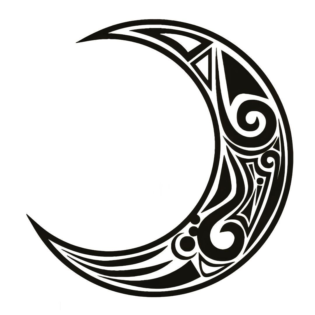 Tribal crescent moon temporary tattoo with Maori-style spiral scrollwork and geometric panels, solid blackwork on white background.