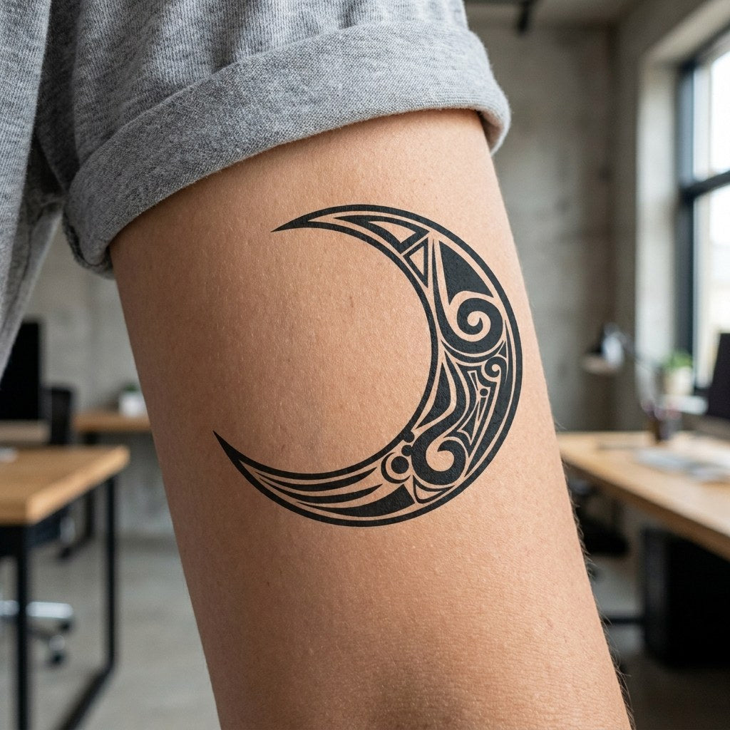Tribal crescent moon temporary tattoo with Maori-style spiral scrollwork and geometric panels, solid blackwork on white background.