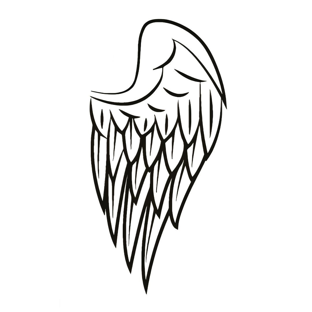 Single angel wing temporary tattoo with layered feather linework detail on white background, compact and vertically oriented.