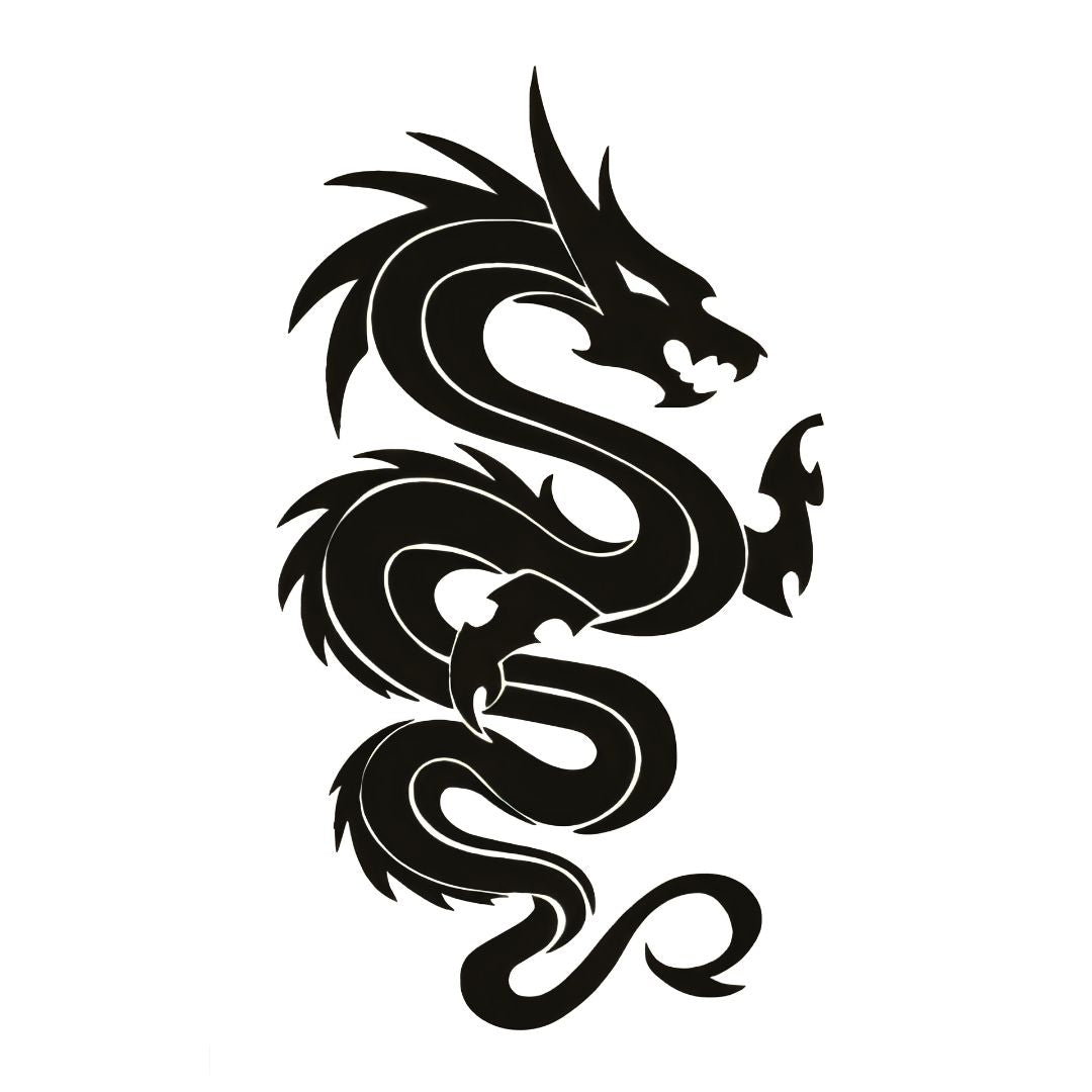 Japanese dragon silhouette temporary tattoo in solid blackwork, S-curve coiling body with raised head, on white background.
