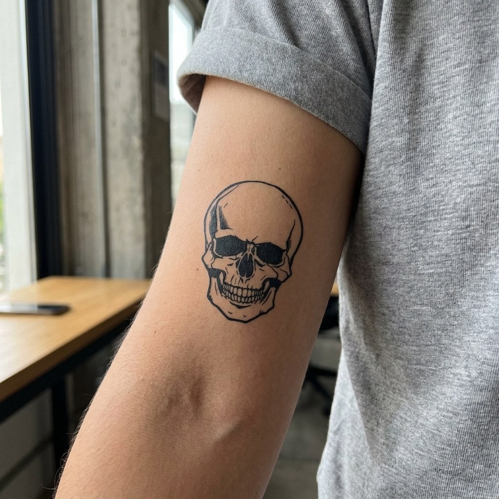 Detailed illustrative skull temporary tattoo, front-facing with shaded eye sockets and hatching, on white background.