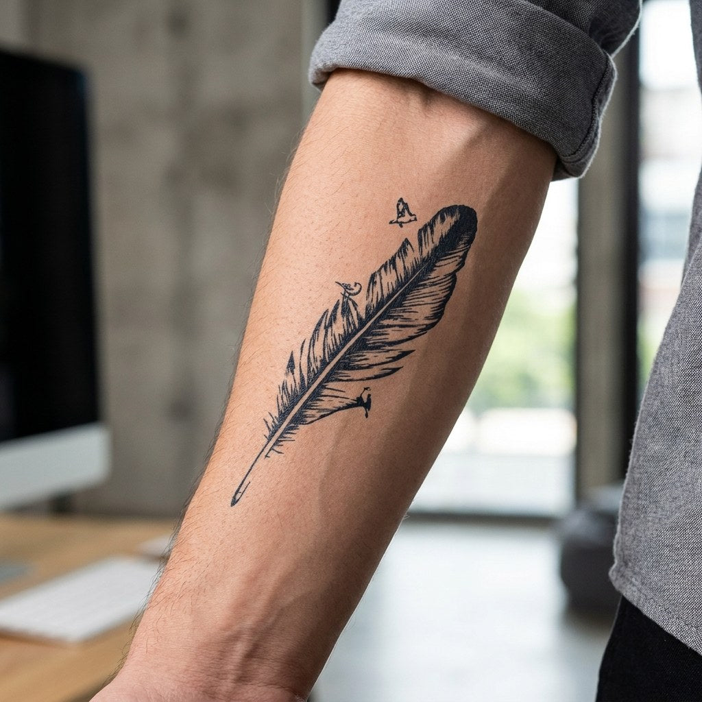 Detailed feather temporary tattoo with three tiny bird silhouettes perched on the shaft, realistic blackwork on white background.