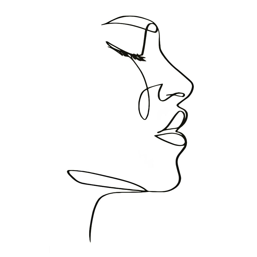 Single continuous line drawing of a woman's face in profile, temporary tattoo, fine linework on white background.