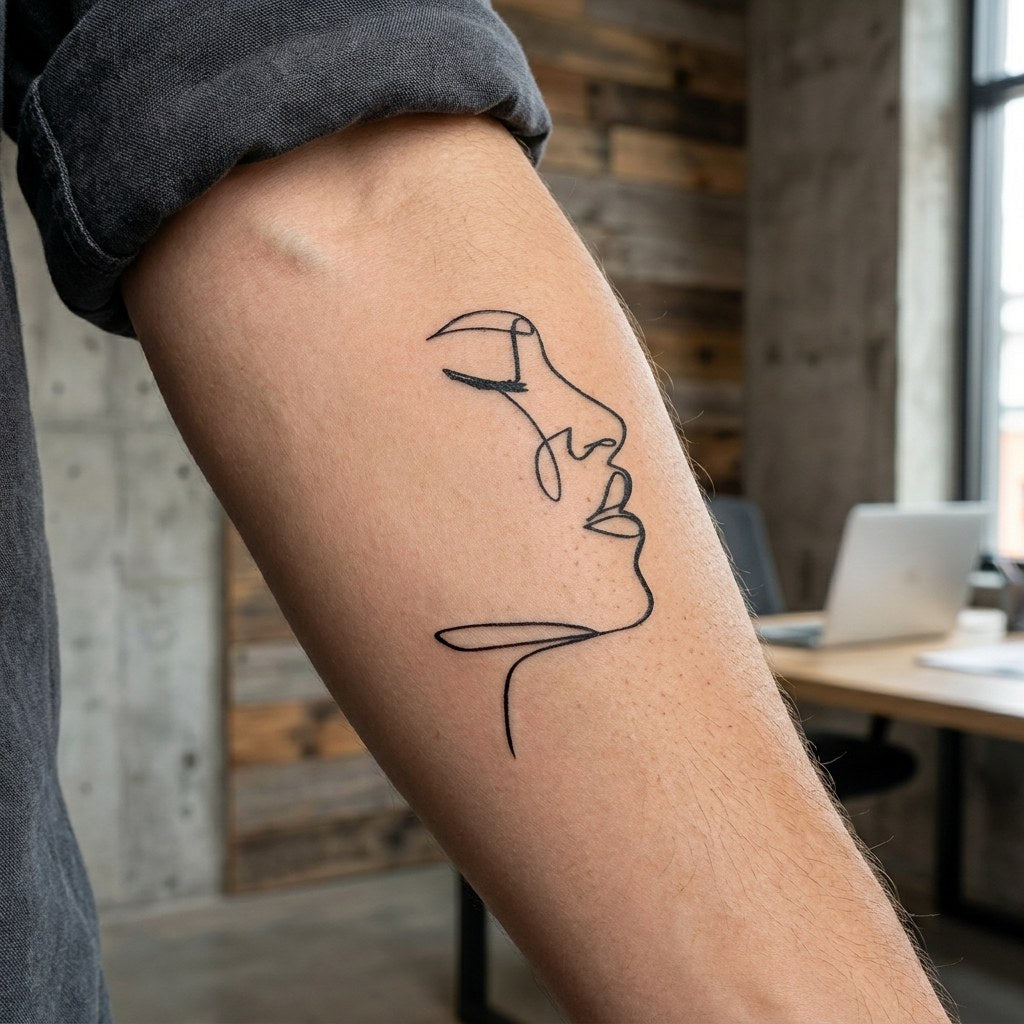 Single continuous line drawing of a woman's face in profile, temporary tattoo, fine linework on white background.