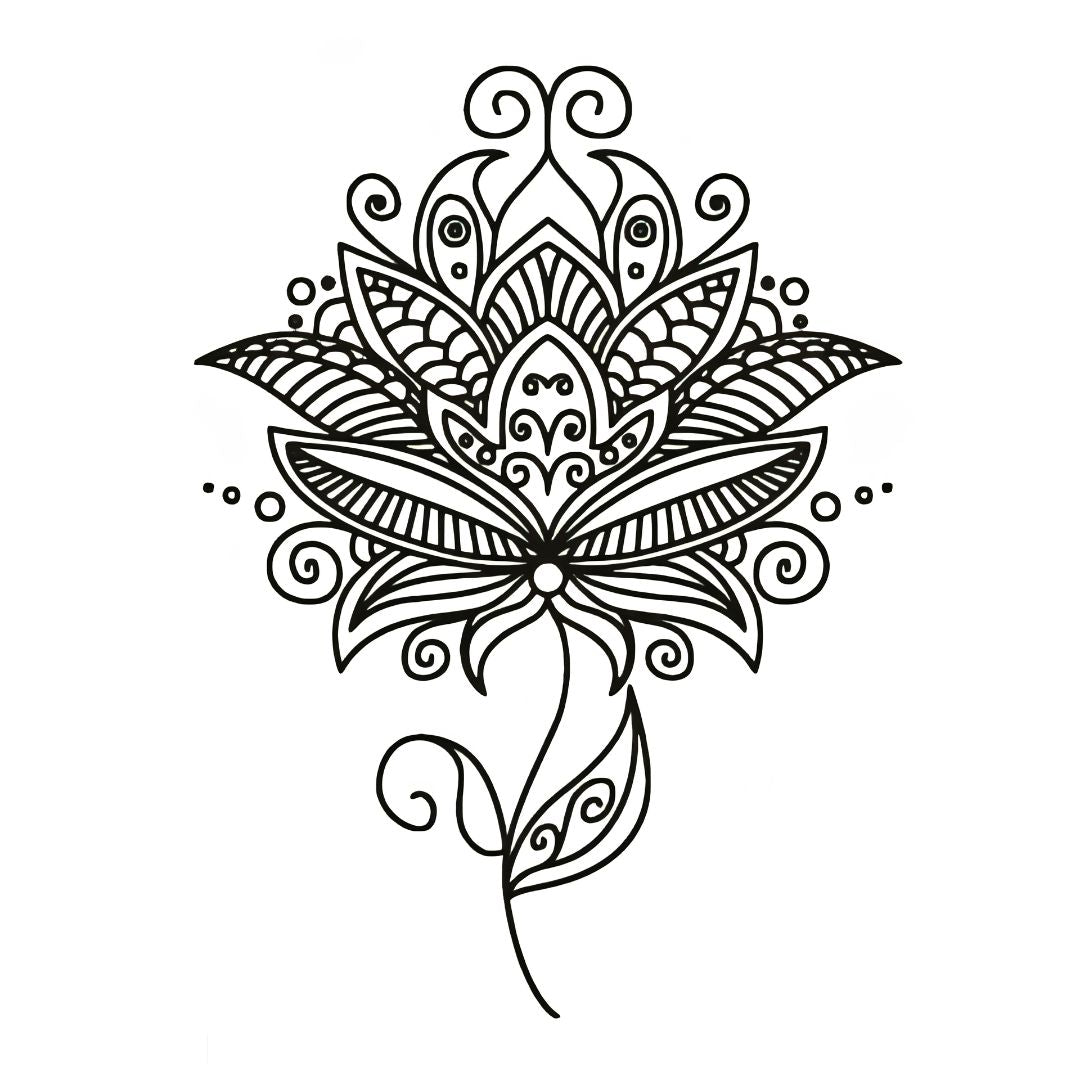 Ornamental lotus flower temporary tattoo with fine linework, scroll details and hatched petals on white background.