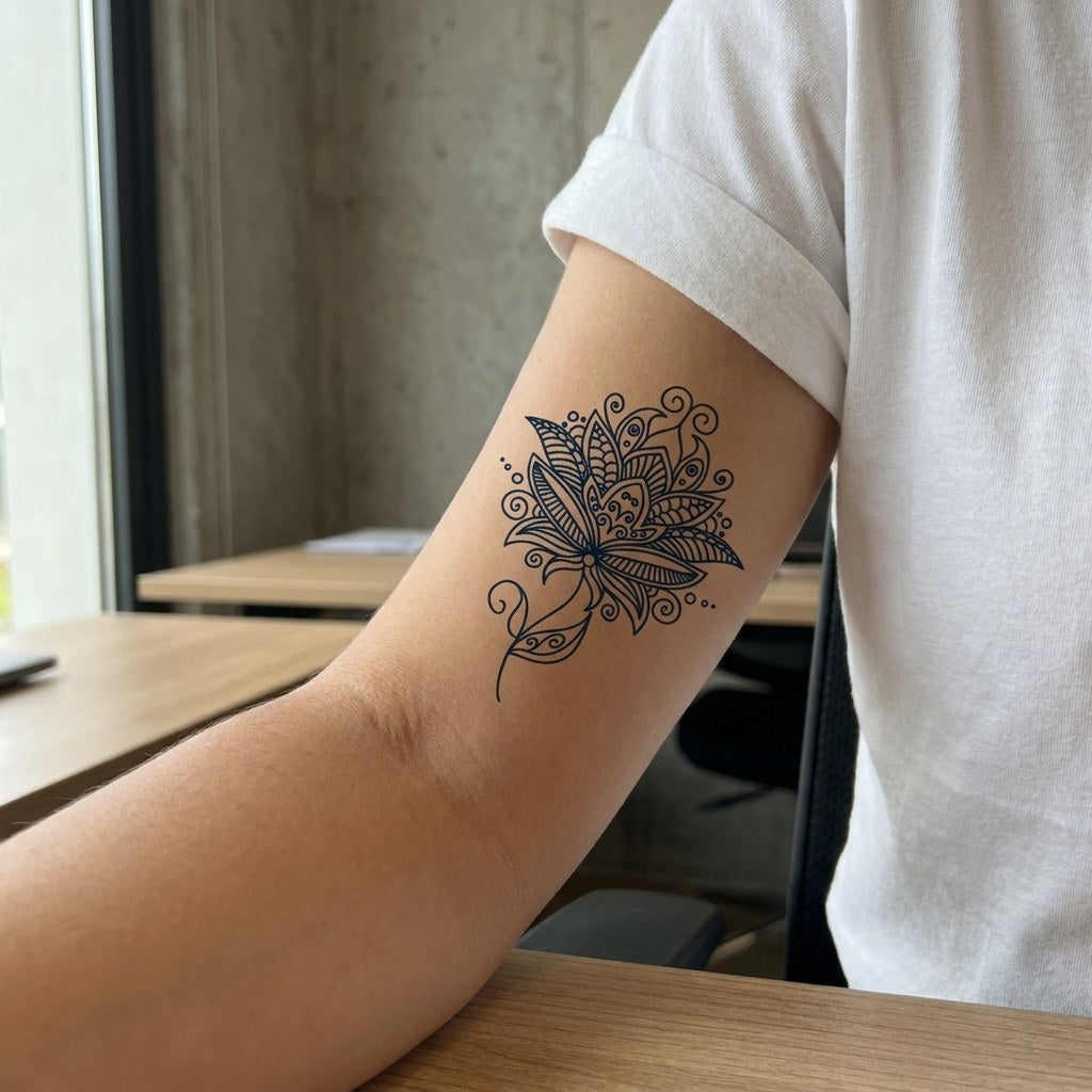 Ornamental lotus flower temporary tattoo with fine linework, scroll details and hatched petals on white background.
