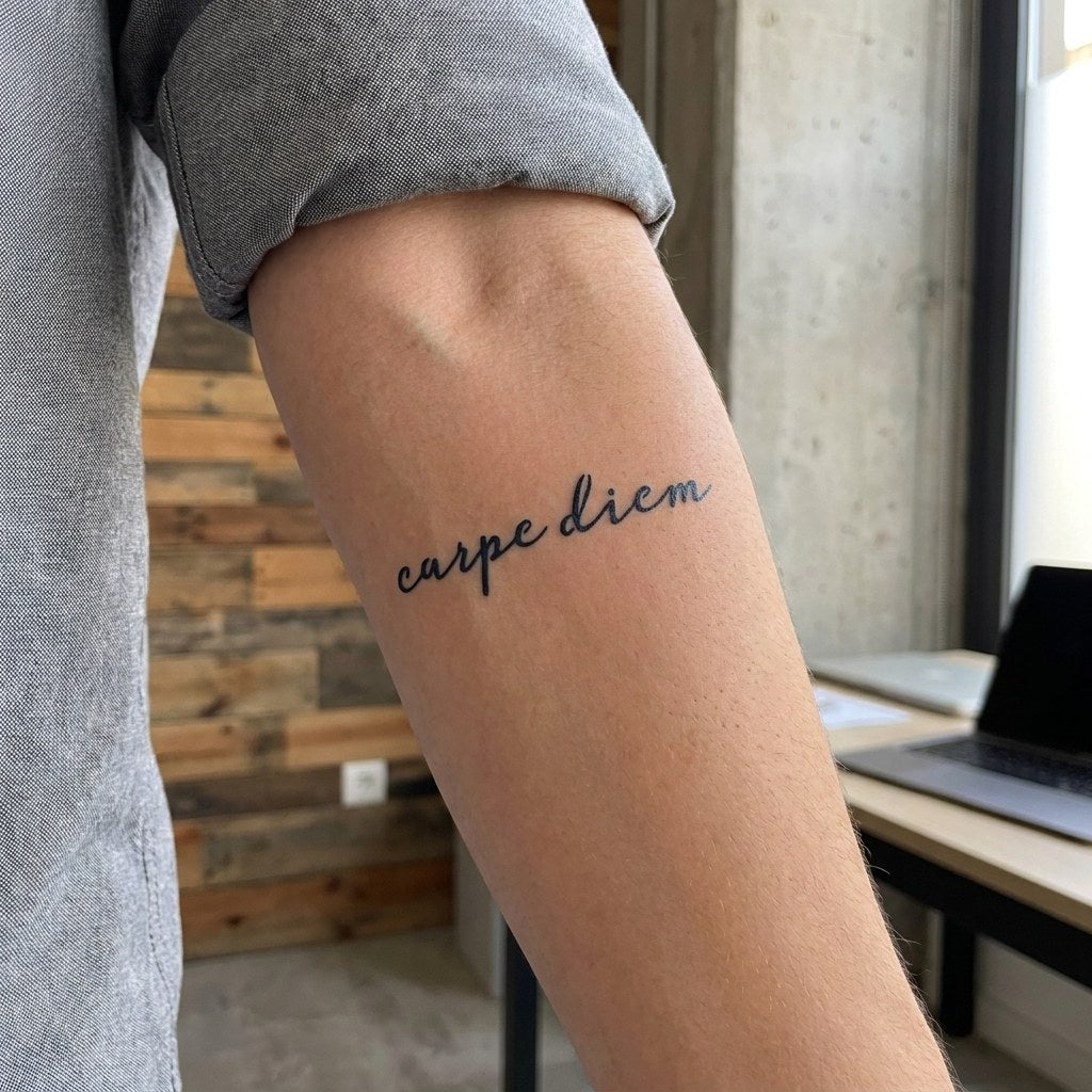 Cursive script "carpe diem" temporary tattoo in lowercase lettering on white background, fine handwritten style.