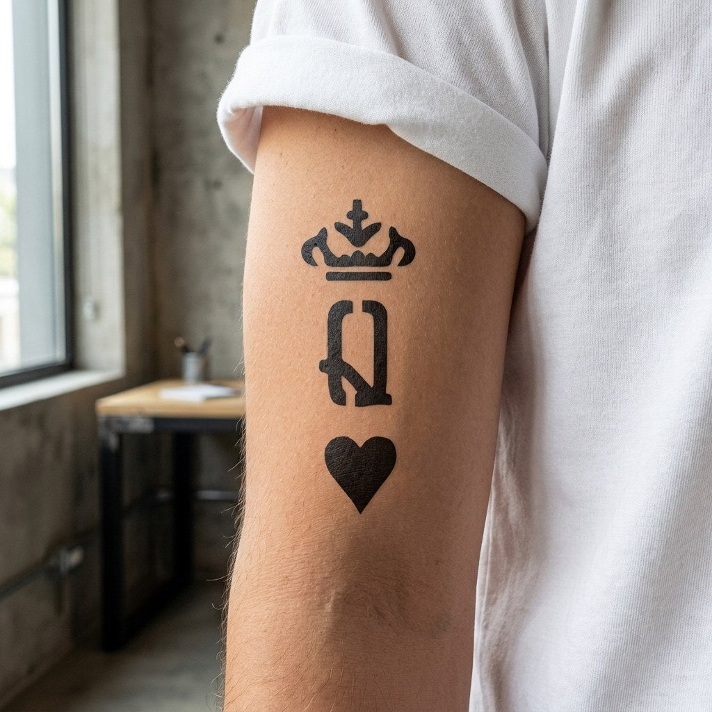 Queen of Hearts blackwork temporary tattoo — stacked crown, letter Q, and solid heart on white background.