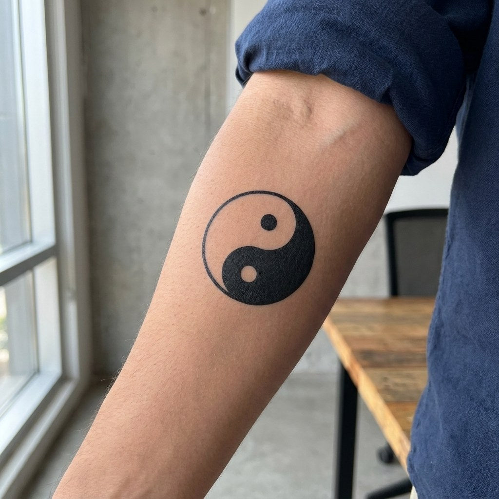 Linework yin yang temporary tattoo on white background, bold outer circle with fluid S-curve and two outlined dots.