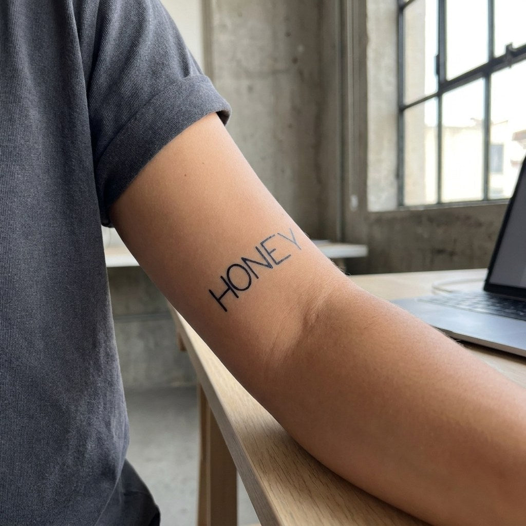 Honey word lettering temporary tattoo in thin hand-drawn uppercase font on white background.