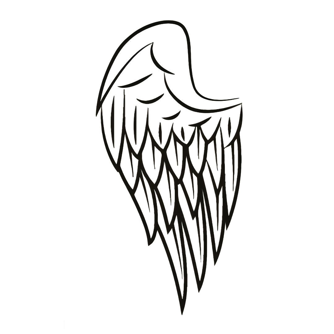 Single angel wing temporary tattoo in fine linework with layered feather detail on white background.