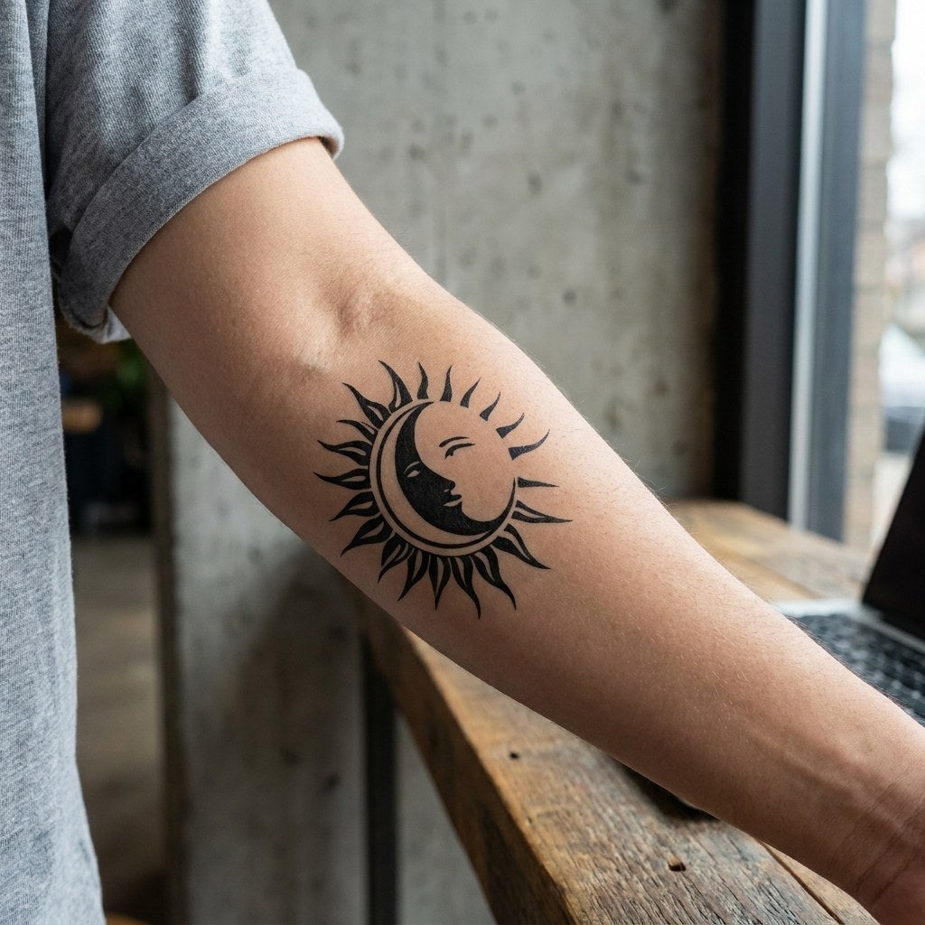 Bold sun and crescent moon face temporary tattoo, solid blackwork with flame rays, on white background.