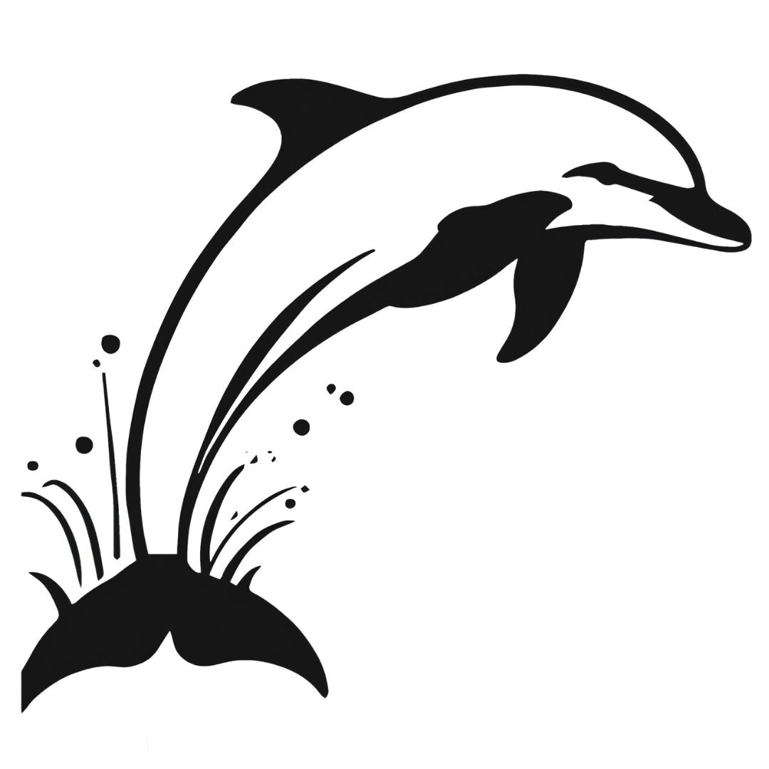 Jumping dolphin temporary tattoo with water splash, bold blackwork silhouette on white background.
