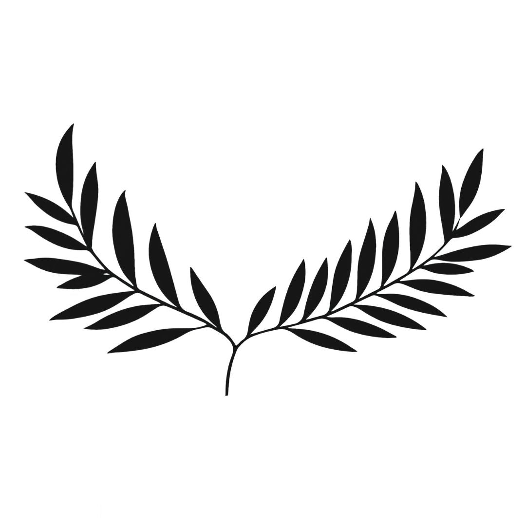 Symmetrical solid blackwork laurel branch arc temporary tattoo on white background, two olive branches curving from a single stem.