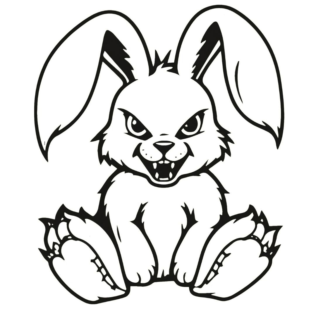 Evil snarling bunny temporary tattoo with fangs and claws, illustrative blackwork style on white background.