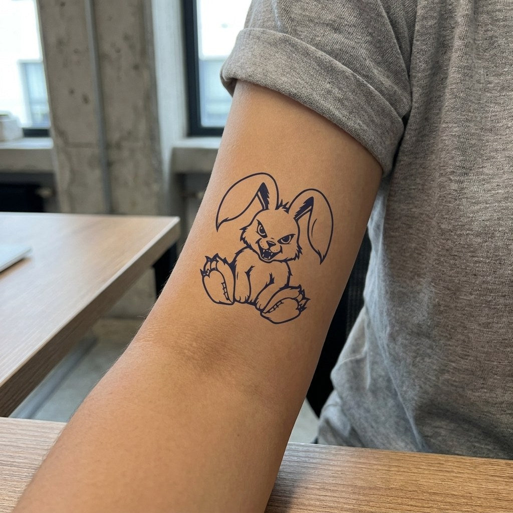 Evil snarling bunny temporary tattoo with fangs and claws, illustrative blackwork style on white background.