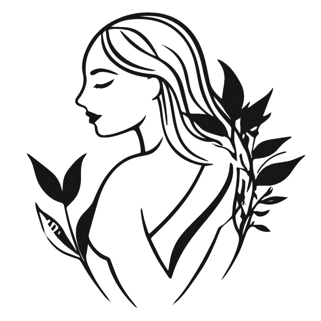 Linework woman in profile with flowing hair and solid botanical leaves temporary tattoo on white background.