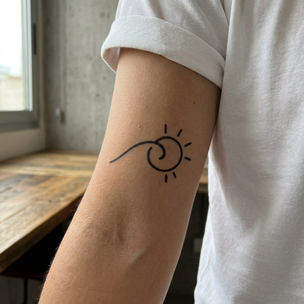 Minimalist wave and sun temporary tattoo in single-line linework, spiral curl with radiating dashes on white background.