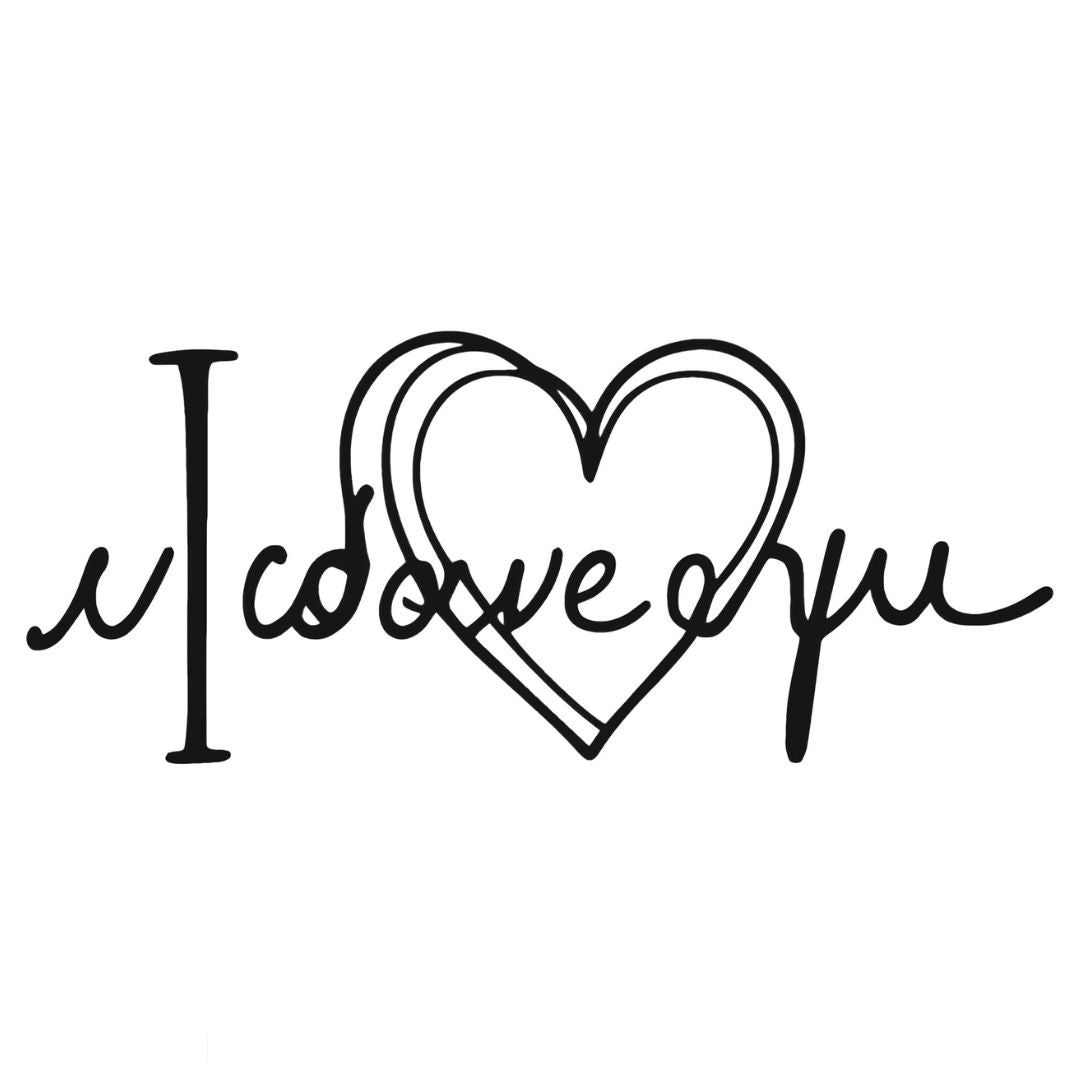 Cursive I love you script temporary tattoo with hand-drawn heart outline, fine linework on white background.