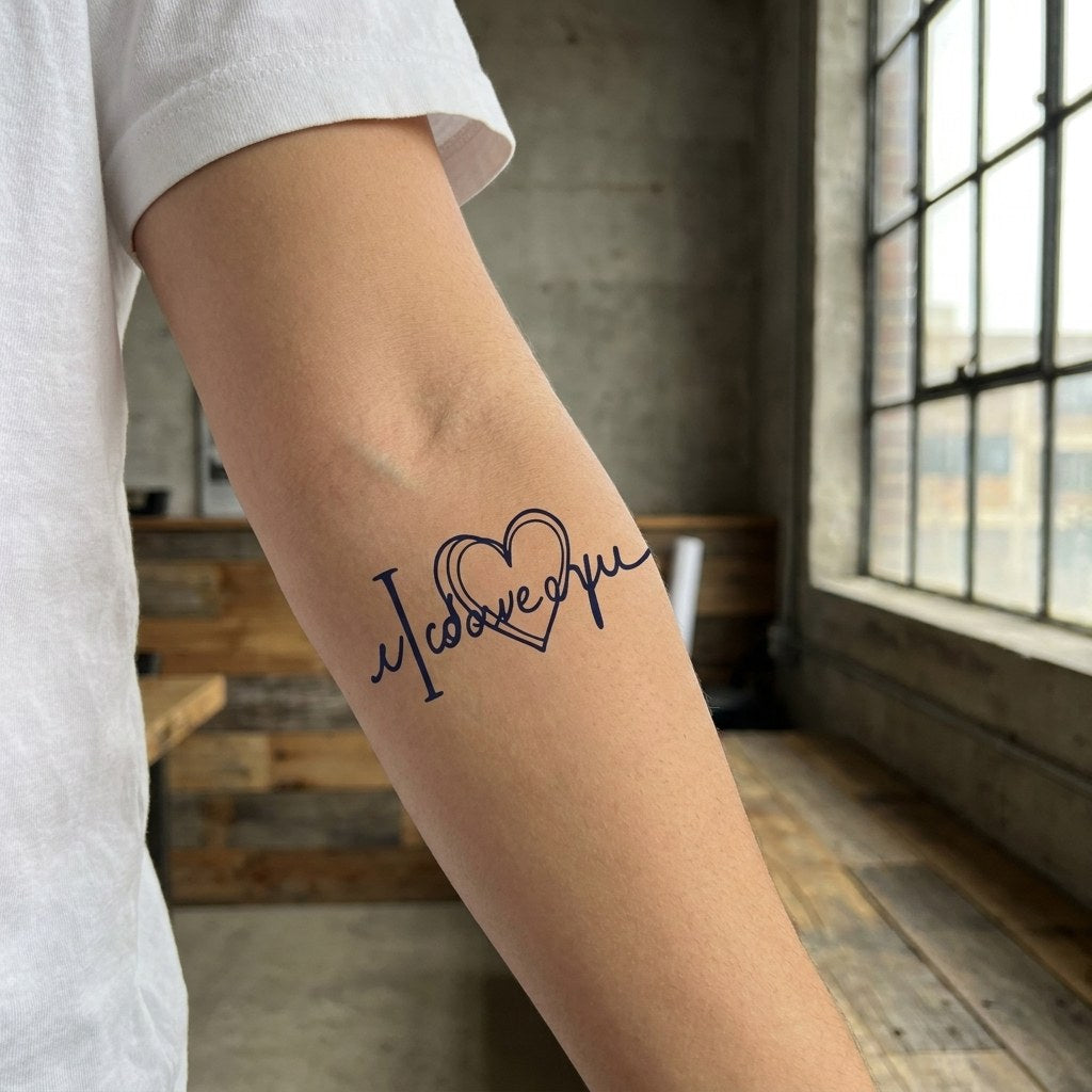 Cursive I love you script temporary tattoo with hand-drawn heart outline, fine linework on white background.