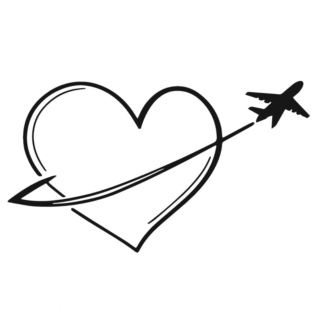 Linework heart with airplane silhouette swooping through it, curved flight path, temporary tattoo on white background.