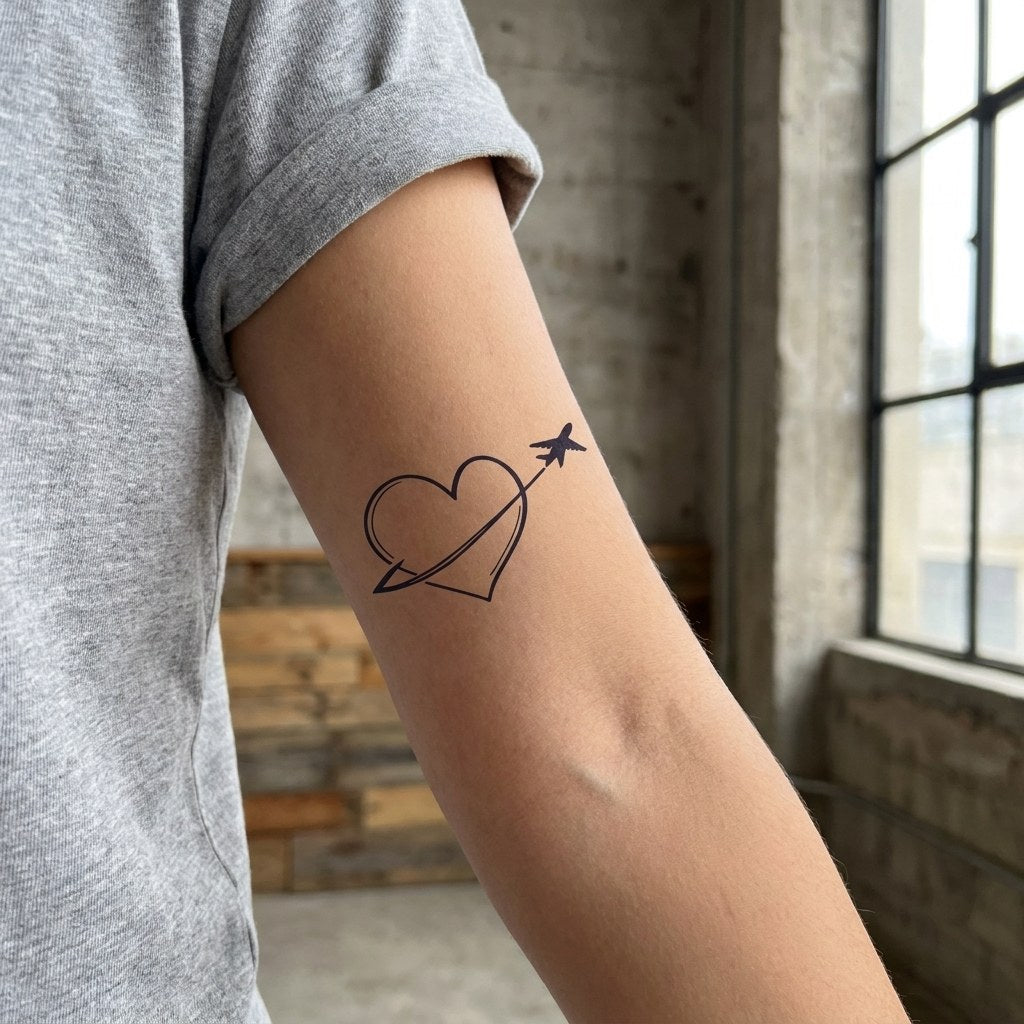 Linework heart with airplane silhouette swooping through it, curved flight path, temporary tattoo on white background.