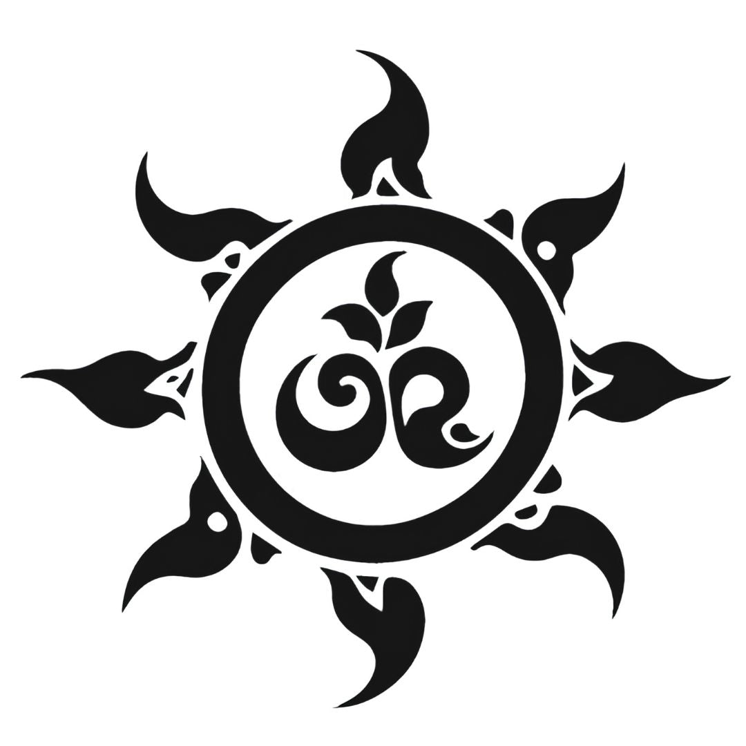 Tribal Om sun mandala temporary tattoo with eight flame rays and central leaf motif, solid blackwork on white background.