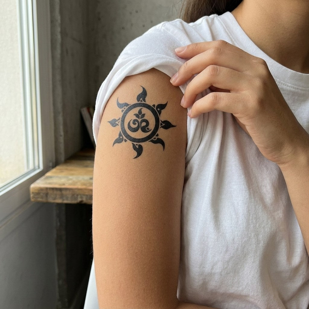 Tribal Om sun mandala temporary tattoo with eight flame rays and central leaf motif, solid blackwork on white background.