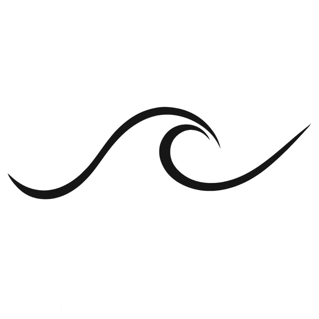 Minimalist ocean wave temporary tattoo with fluid single-line curl on white background, clean linework style.