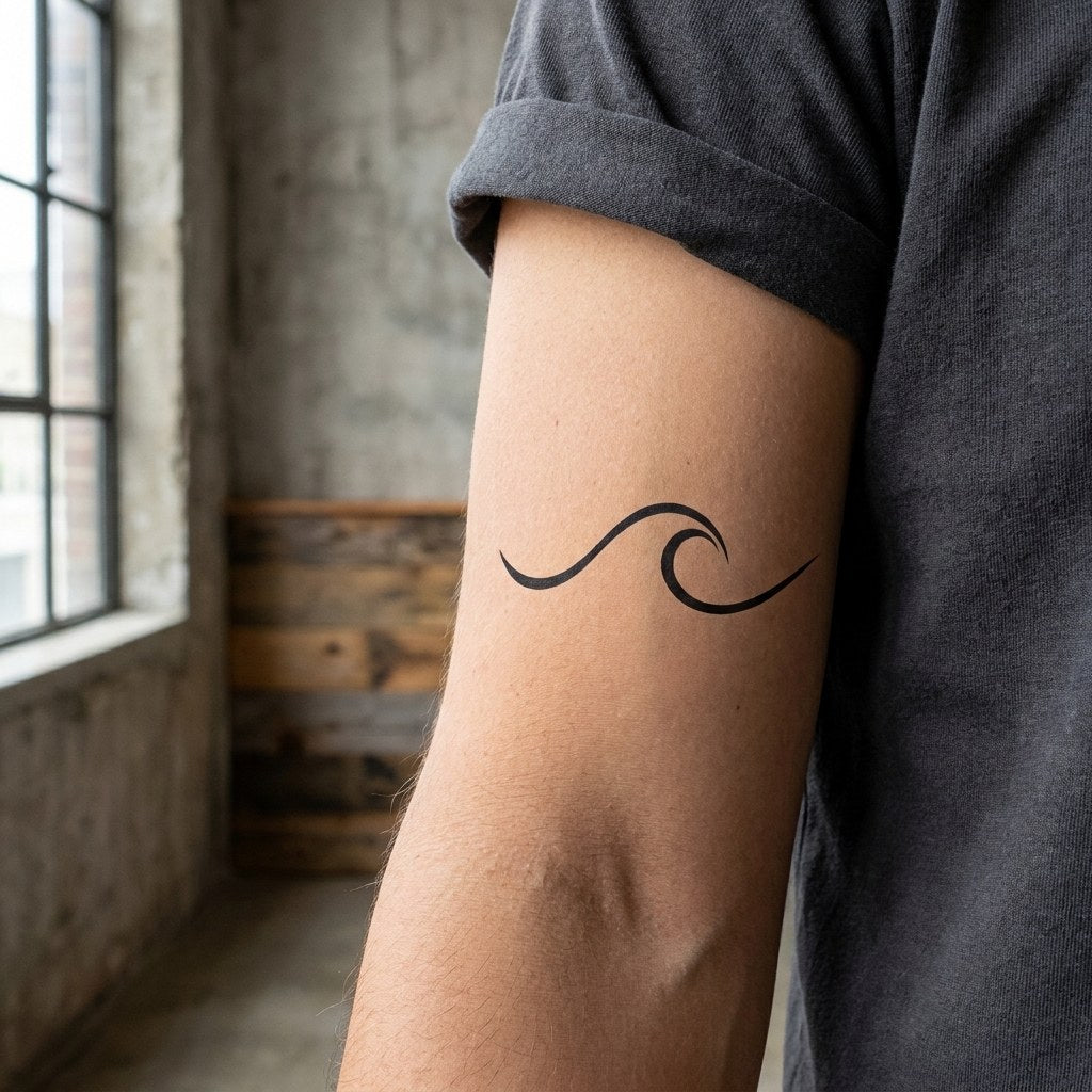 Minimalist ocean wave temporary tattoo with fluid single-line curl on white background, clean linework style.