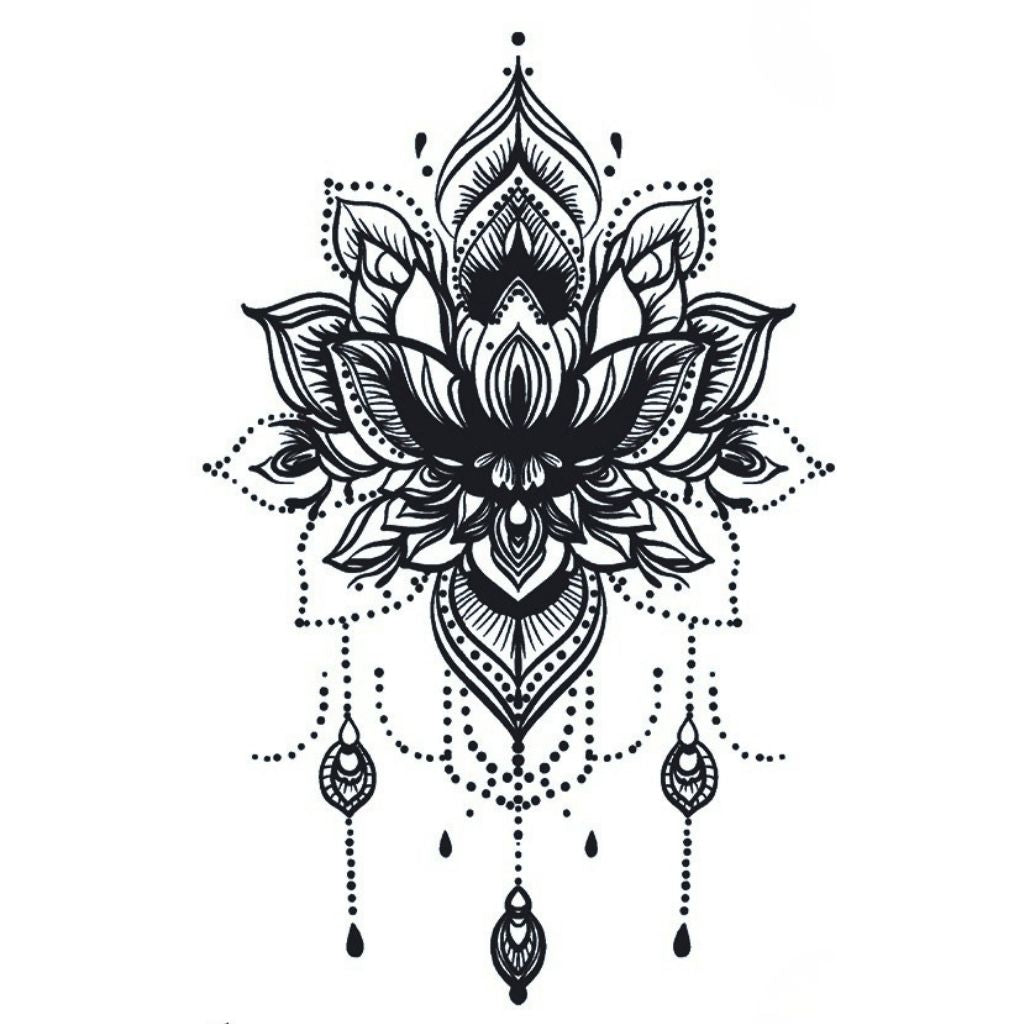 Ornamental lotus mandala temporary tattoo with chandelier pendant drops and dotwork detailing on white background.