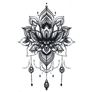 Ornamental lotus mandala temporary tattoo with chandelier pendant drops and dotwork detailing on white background.