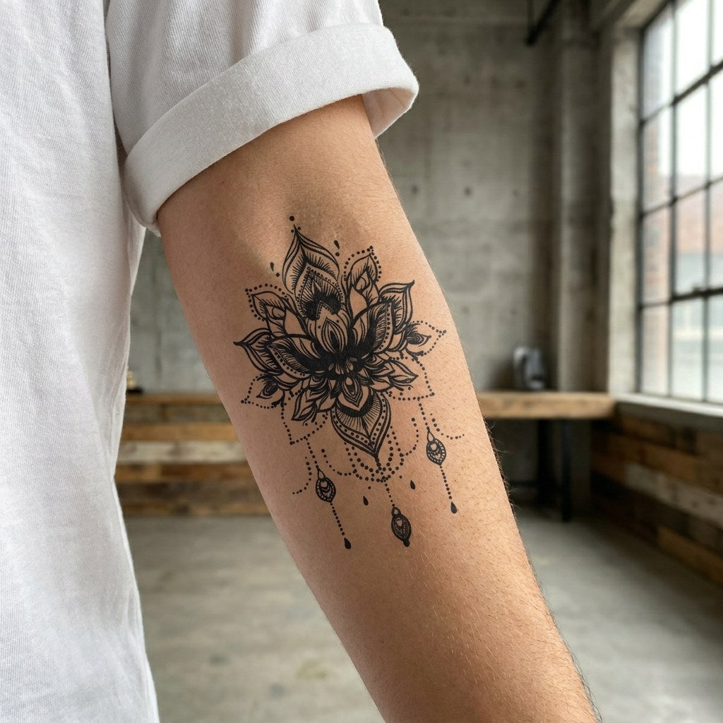 Ornamental lotus mandala temporary tattoo with chandelier pendant drops and dotwork detailing on white background.