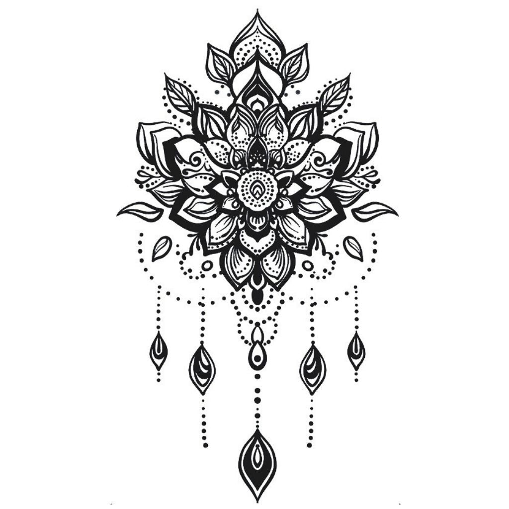 Detailed mandala lotus chandelier temporary tattoo with dotwork, petal layers and hanging teardrop chains, on white background.