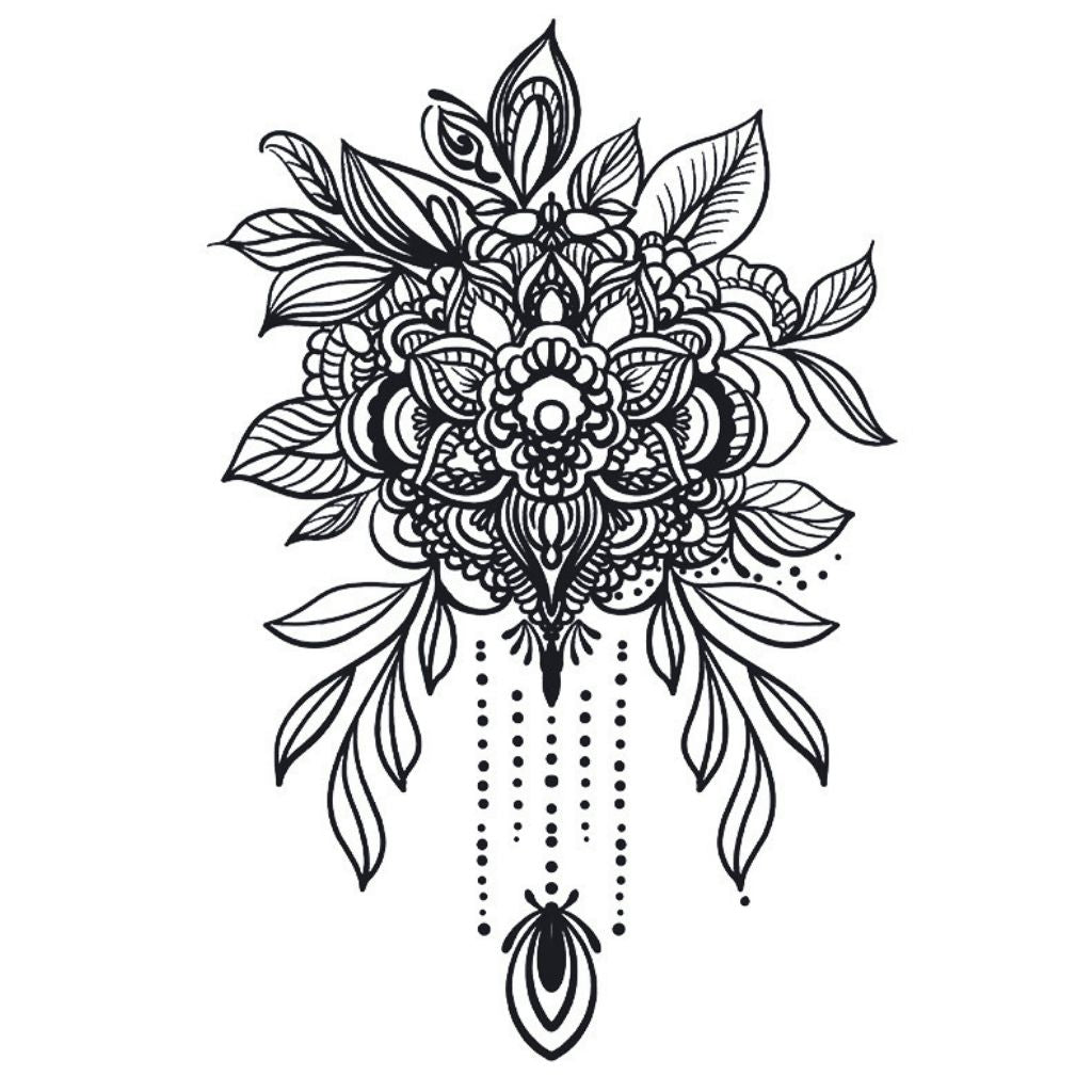 Floral mandala chandelier temporary tattoo with leaves, dotted chains and teardrop pendant, fine linework on white background.