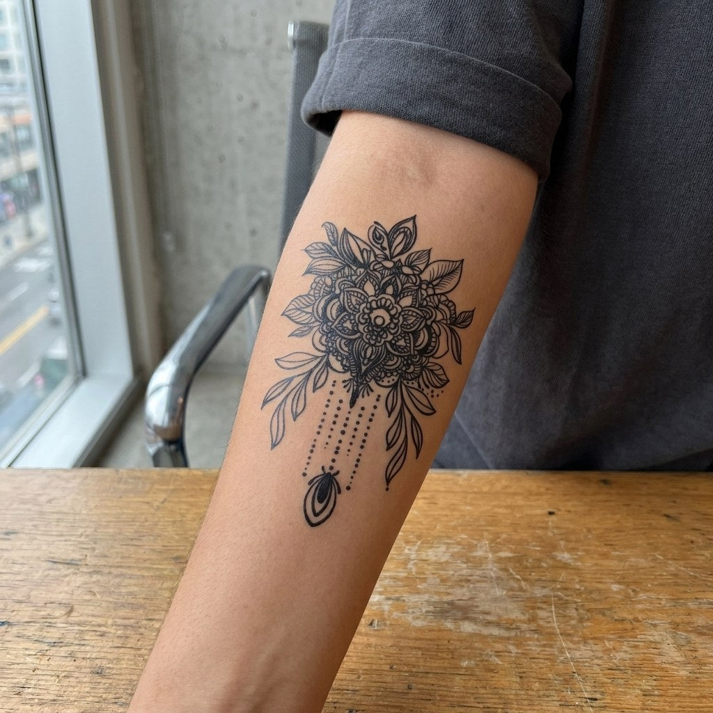 Floral mandala chandelier temporary tattoo with leaves, dotted chains and teardrop pendant, fine linework on white background.