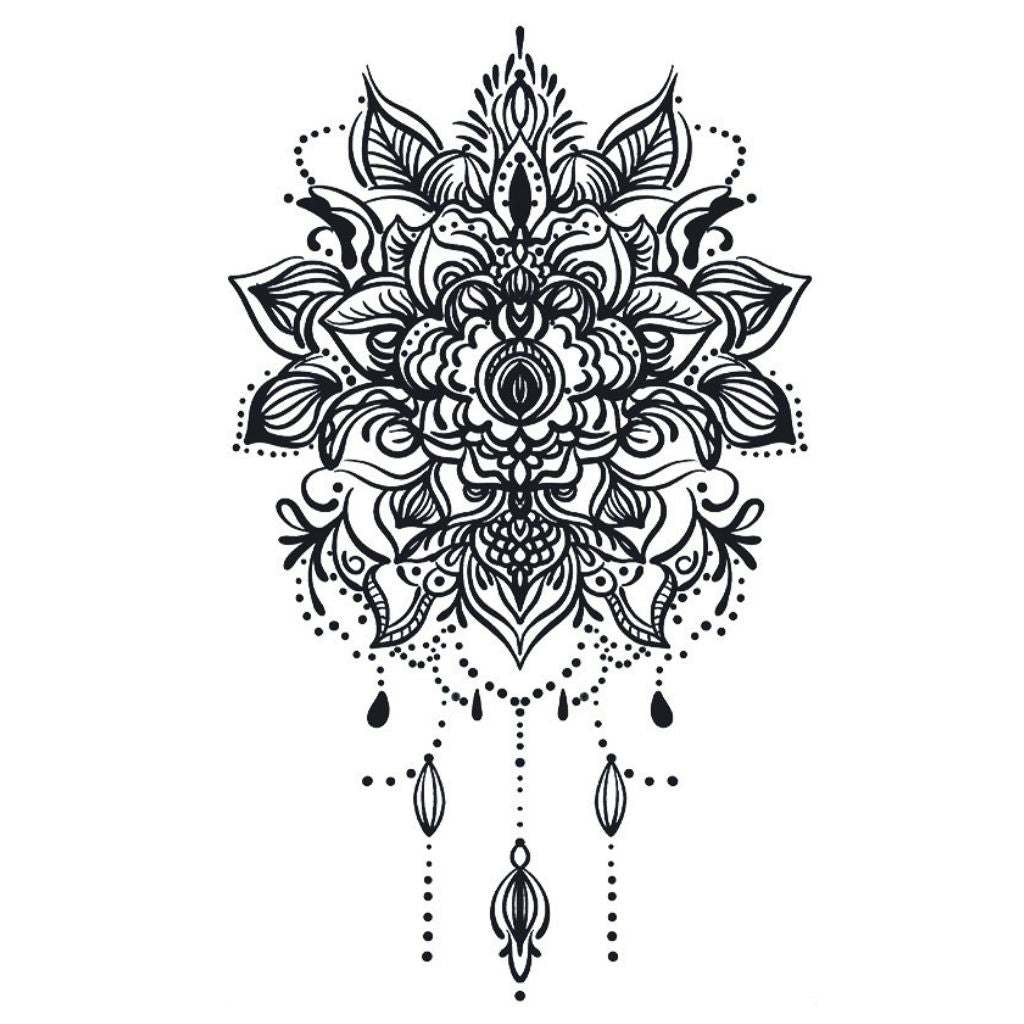 Ornamental floral mandala temporary tattoo with peony centre and hanging jewel drops, detailed linework on white background.