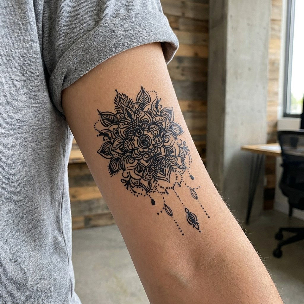 Ornamental floral mandala temporary tattoo with peony centre and hanging jewel drops, detailed linework on white background.