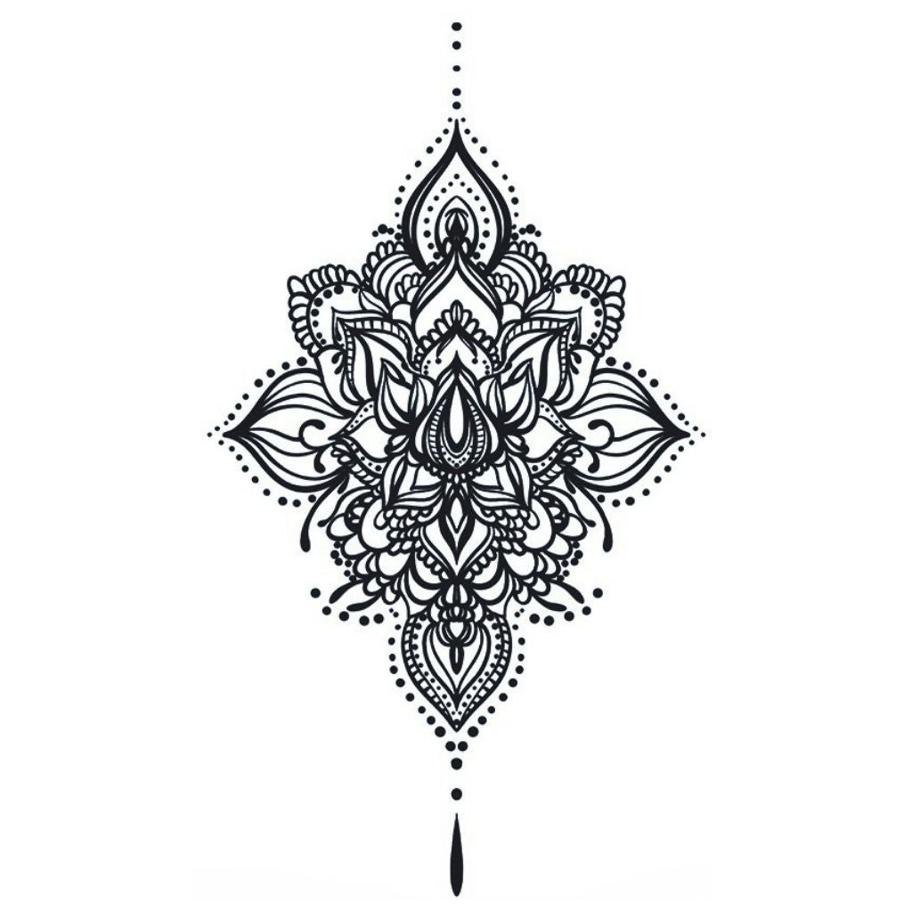 Ornamental mandala lotus temporary tattoo with four-pointed diamond shape, dotwork and fine linework on white background.