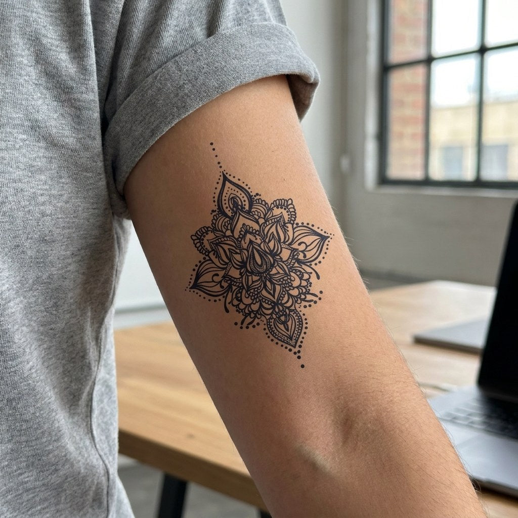 Ornamental mandala lotus temporary tattoo with four-pointed diamond shape, dotwork and fine linework on white background.