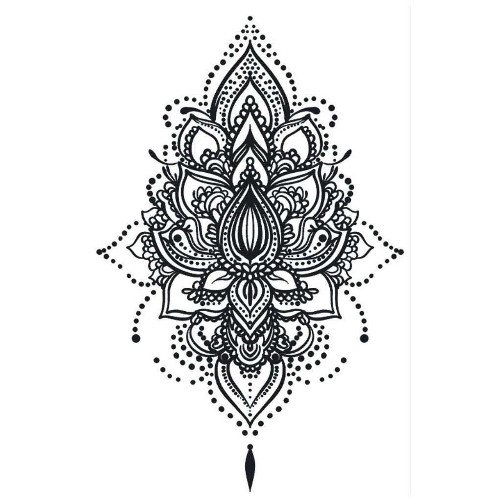 Lotus mandala chandelier temporary tattoo with dotwork arcs and teardrop pendant, detailed linework on white background.