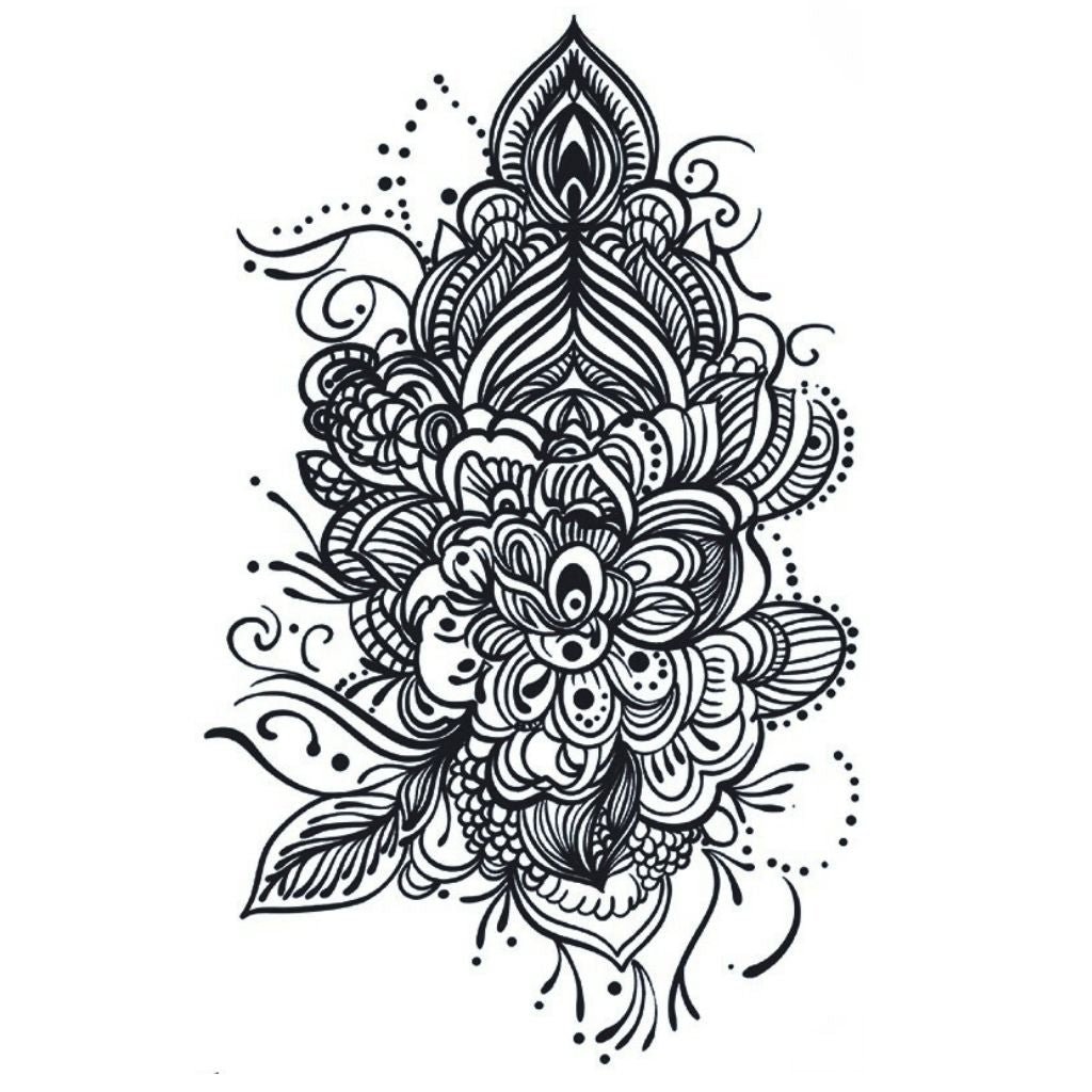 Ornate floral mandala temporary tattoo with peacock feather crown, intricate linework and dotwork on white background.