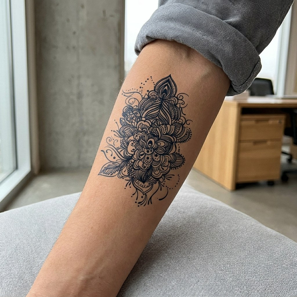 Ornate floral mandala temporary tattoo with peacock feather crown, intricate linework and dotwork on white background.