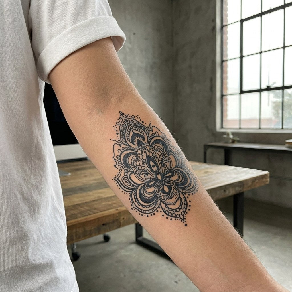 Ornate lotus mandala temporary tattoo with layered petals and intricate linework, blackwork style on white background.