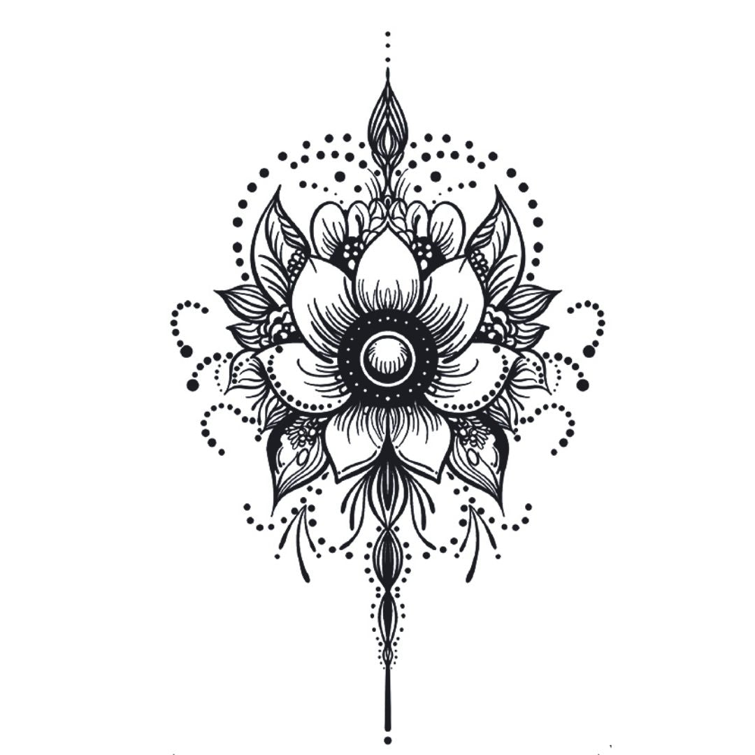 Ornamental lotus mandala temporary tattoo with dotwork arcs, feathered petals and trailing drop pendant, fineline on white background.
