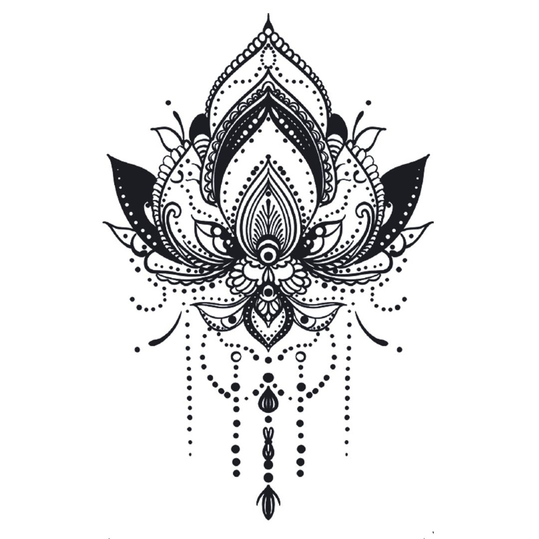 Mandala lotus chandelier temporary tattoo with dotwork petals and hanging dot chains, ornamental style on white background.